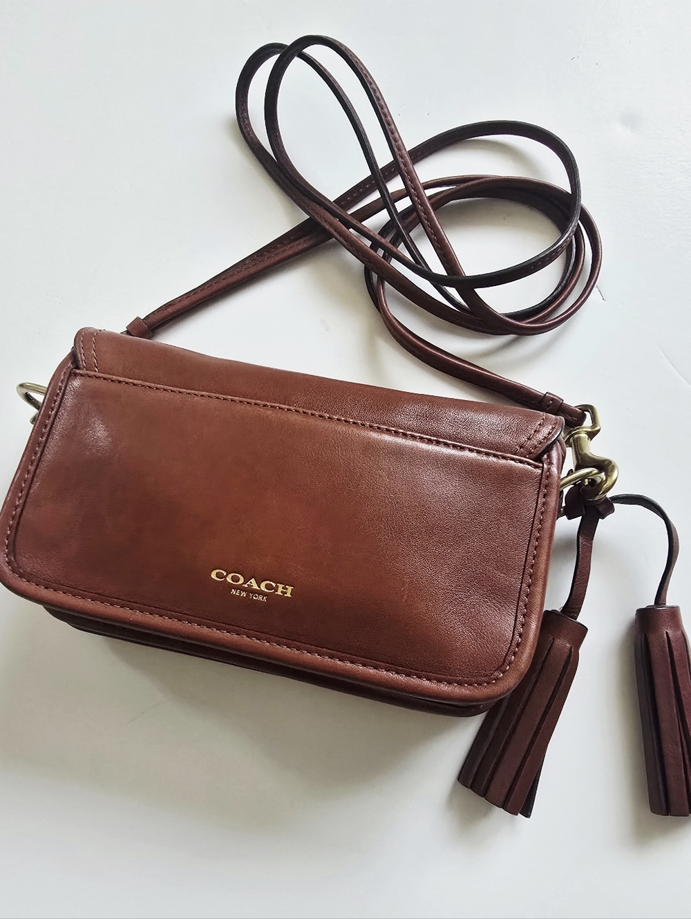 COACH VTG Y2k Legacy Cognac Leather Penny Crossbody Purse Tassels Turnlock - Picture 3 of 16